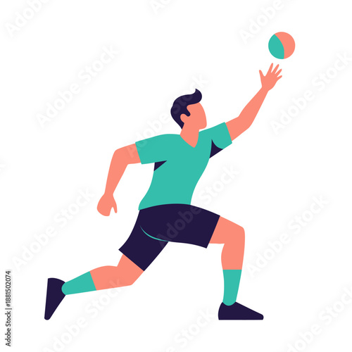 Man playing volleyball, jumping to hit ball, athletic sport, flat illustration