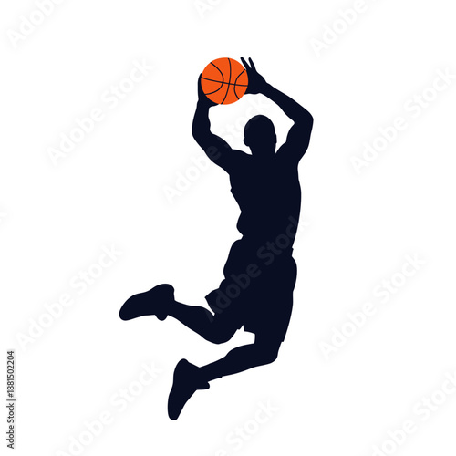 Basketball Player Silhouette Dunking On White Background