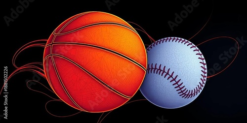 Intricate line drawing of a basketball, soccer ball, and baseball intertwined,  outline,  hand drawn