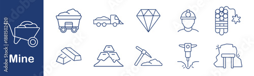 Mine set icon. Cart, truck, pickaxe, helmet, drill, gold, bars, gemstone, explosion, tunnel. Extraction, resource, digging, metal, mining, underground.