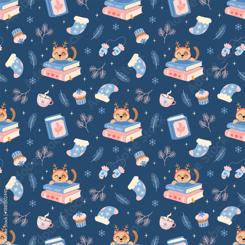 Cozy winter seamless pattern with books, cat, mug, sock, cupcake and branches. Christmas bookish background, Book lover print, Holiday reading, Pastel bookstore graphic.