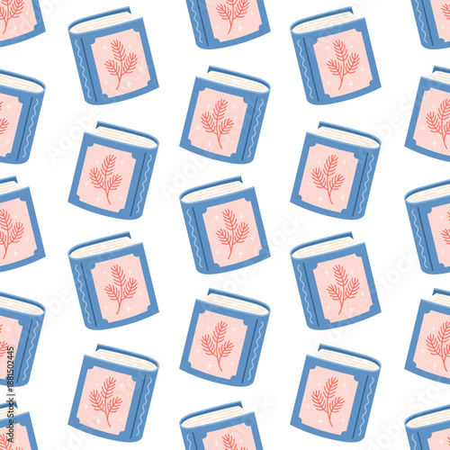 Winter books seamless repeat pattern. Christmas bookish background, Book lover print, Cozy reading, Pastel holiday bookstore graphic.