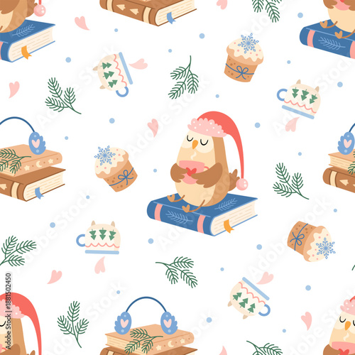 Winter seamless pattern with books, owl, mug, sock, cupcake and branches. Christmas bookish background, Book lover print, Cozy reading, Pastel bookstore vector illustration.