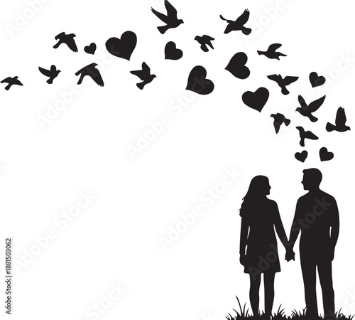 Silhouette of loving couple with hearts and birds flying