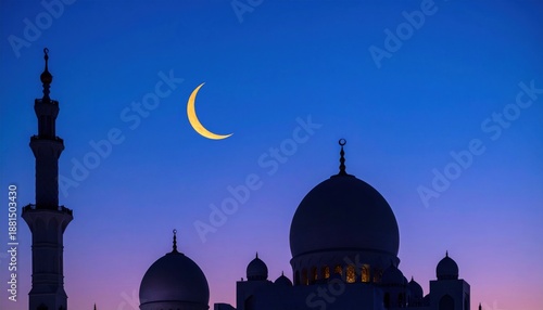 Silhouette of Mosque with Crescent Moon at Dusk.
