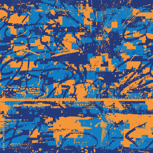 Graffiti seamless pattern with street art tag. Calligraphic words, scuffed and sprays grunge urban texture. Sporty camouflage coloring. Printing on fabric in orange and blue colors. Vector background