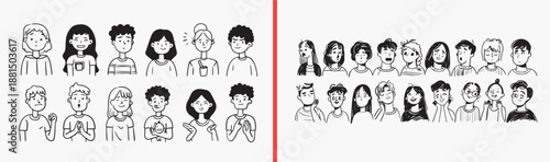 Family Members Portrait Character Illustration Set, Hand Drawn People Face Sketch Art Design, Diverse Age Group Doodle Vector Clipart, Parent Child Avatar Drawing Bundle Graphics, Multigenerational Fa