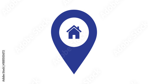A blue location pin with a white house icon inside signals property search or home finding services, isolated on a white background.