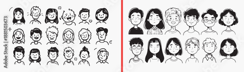 Family Members Portrait Character Illustration Set, Hand Drawn People Face Sketch Art Design, Diverse Age Group Doodle Vector Clipart, Parent Child Avatar Drawing Bundle Graphics, Multigenerational Fa
