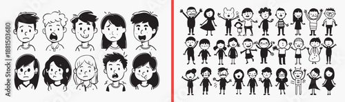 Family Members Portrait Character Illustration Set, Hand Drawn People Face Sketch Art Design, Diverse Age Group Doodle Vector Clipart, Parent Child Avatar Drawing Bundle Graphics, Multigenerational Fa