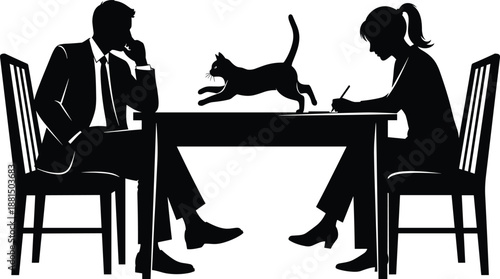 Black silhouette illustration of two people at a table with a leaping cat, capturing dynamic motion, creativity, and everyday interaction for artistic design use.