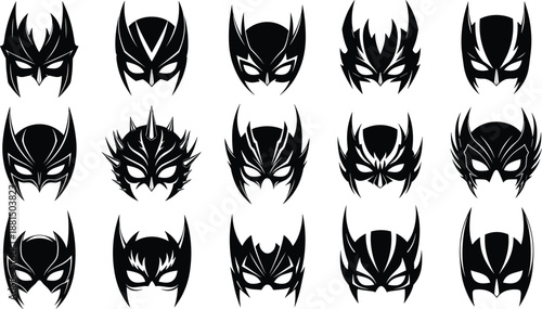 Grid of sixteen black-and-white stylized superhero and villain mask designs featuring sharp lines, intense expressions, and symmetrical horned or winged elements for creative use.