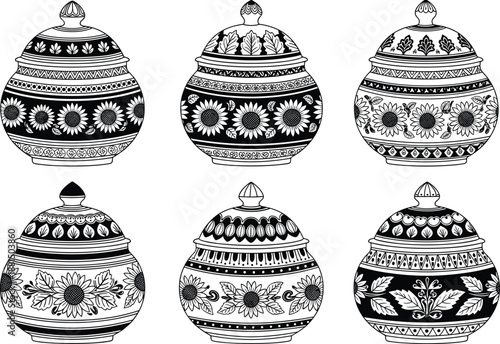 Hand drawn decorative ceramic jars with floral folk patterns, black and white ornamental storage containers, vintage boho pottery illustration set isolated on white background