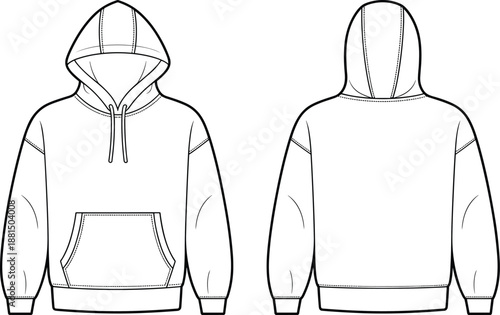 Hooded sweatshirt technical sketch, cad drawing, flat vector illustration, fashion design, front and back view, kangaroo pocket, drawstring hood