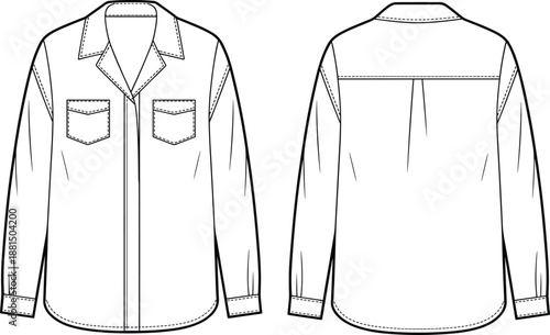Men casual button shirt technical drawing, front and back view, fashion apparel template, long sleeve garment outline vector illustration, cad