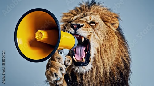 Lions Roar Powerful Message with Megaphone on Grey.