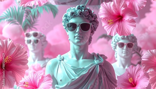Statues in sunglasses amidst pink hibiscus flowers, a surreal artistic composition.