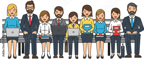 A group of diverse business professionals, both men and women, sitting on a bench with laptops and documents, representing a waiting room or office environment.