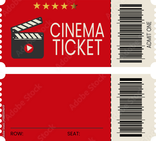 Red cinema ticket template with a clapperboard icon, barcode, star ratings, and placeholders for row and seat numbers.