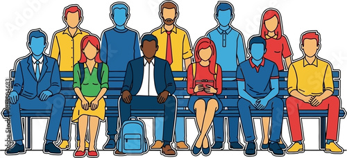 A diverse group of men and women of various ages and ethnicities sitting on a bench and standing behind, representing community and inclusion.