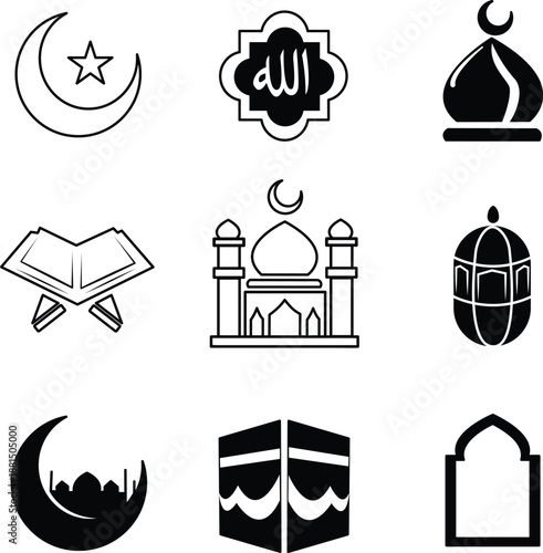 Collection of Islamic Symbols and Icons Representing Ramadhan and Spiritual Themes in Vector Graphics