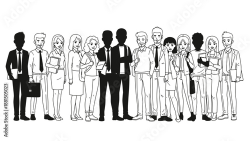 A diverse group of business professionals, both men and women, standing together in a line, depicted in black and white illustration.