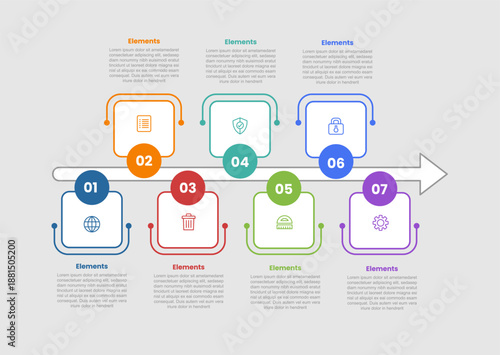 7 elements infographic comparison diagram with round square badge on long arrow horizontal line up and down with dot line style 7 step for slide presentation