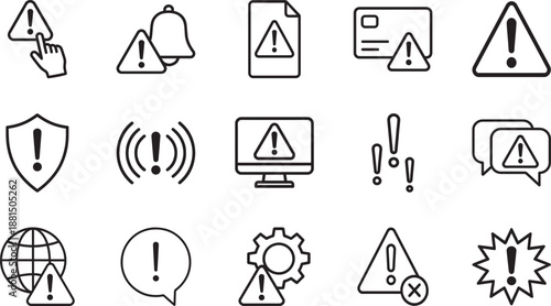 Warning icons set with exclamation, error, security, alert, stop and notification symbols.