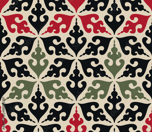 Seamless Central Asian ethnic ornament pattern with bold contrast and traditional folk mood