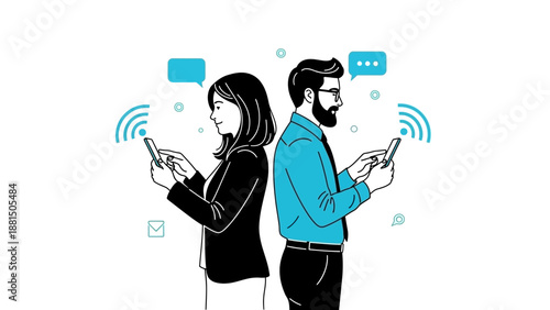 Couple Communicating Online Via Smartphones, Social Media Connection Concept