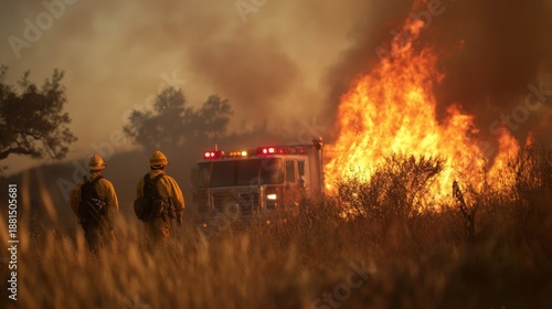 Firefighters battle wildfire amidst burning landscape california photo intense environment ground level heroism and resilience