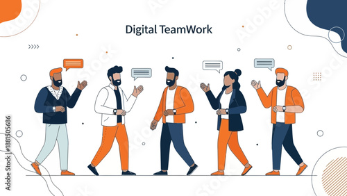 Diverse business team collaborating and communicating in a modern flat design style.