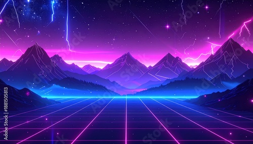 Synthwave Landscape with Mountains, Grid, and Lightning.