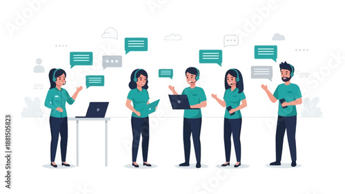 Diverse Customer Service Team Communicating with Chat Bubbles and Laptops