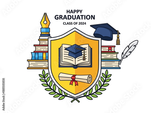 Happy Graduation Class of 2024 Shield Emblem with Books and Diploma