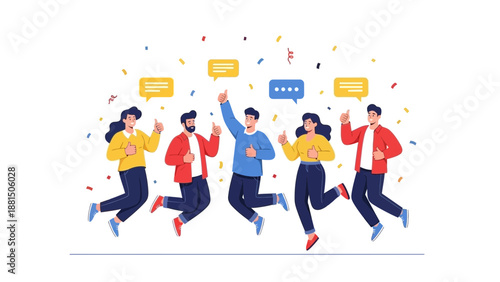 Diverse group of people jumping and celebrating with confetti and speech bubbles