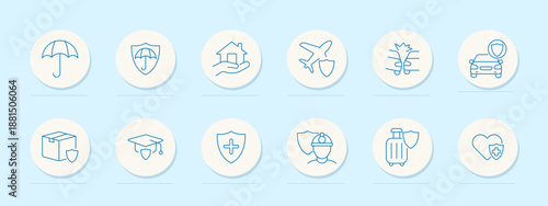 Insurance set icon. Umbrella, shield, home, protected flight, accident, car, parcel, graduation, health cross, worker, suitcase, heart with shield, protective coverage concept.