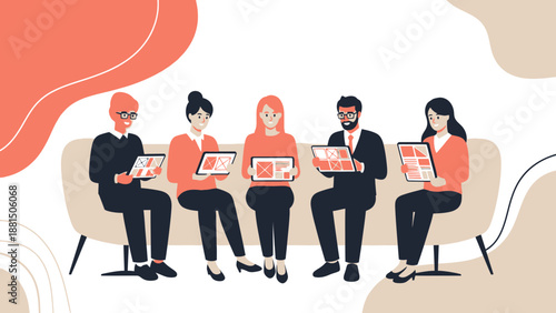 Diverse group of people using tablets on a sofa, collaboration concept