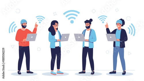 Diverse People Connected Online with Laptops and Wi-Fi Signals