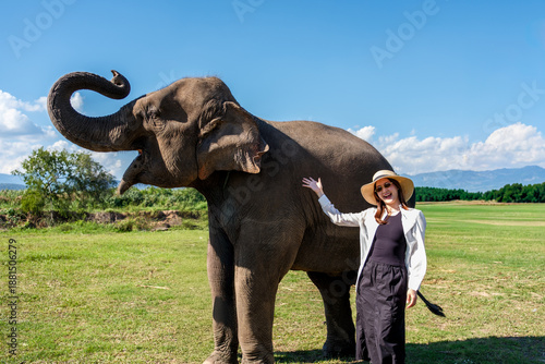 Happy beautiful asian women traveler sharing a peaceful and unforgettable experience with an elephant in a natural setting in Chiang Mai, Thailand.