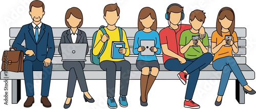 Diverse group of people of different ages and professions sitting on a bench, using various digital devices and engaging in different activities.