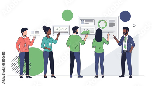 Diverse team analyzes data on interactive whiteboard, business meeting, presentation, strategy