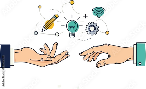 Two hands reaching towards each other with a network of creative, technological, and business icons like a lightbulb, pencil, WiFi, and gear floating above