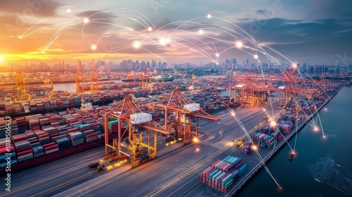 Global trade connectivity container shipping ports urban landscape aerial view digital transformation connectivity concept