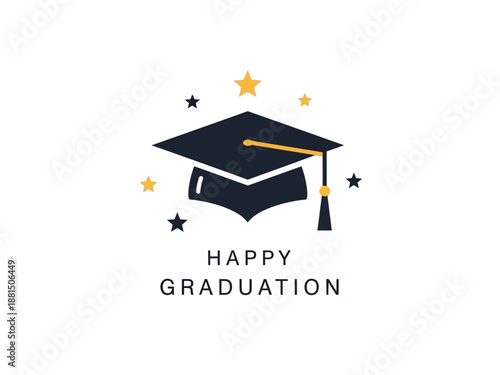 Happy Graduation Celebration with Stars and Academic Cap Icon
