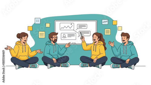 Diverse team brainstorming and collaborating around a whiteboard, visual planning