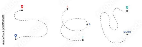 Set  of route tracking. Path searching with pin location. Vector