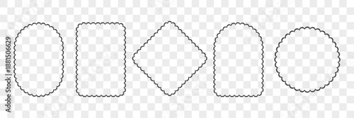 Scallop thin line frames set. Circle, rectangle border edges. Cute lace tags for design. Vector