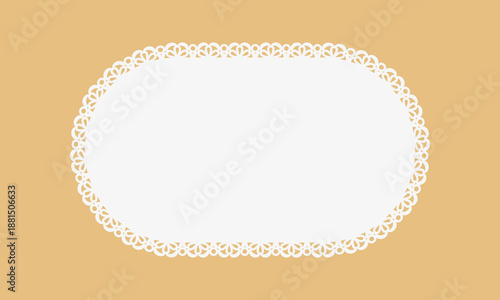 Oval doily frame. Vintage napkin with lace border. White scalloped tablecloth. Vector
