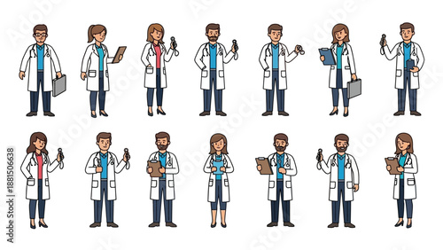 Cartoon doctors and medical staff characters standing in various poses with different items.